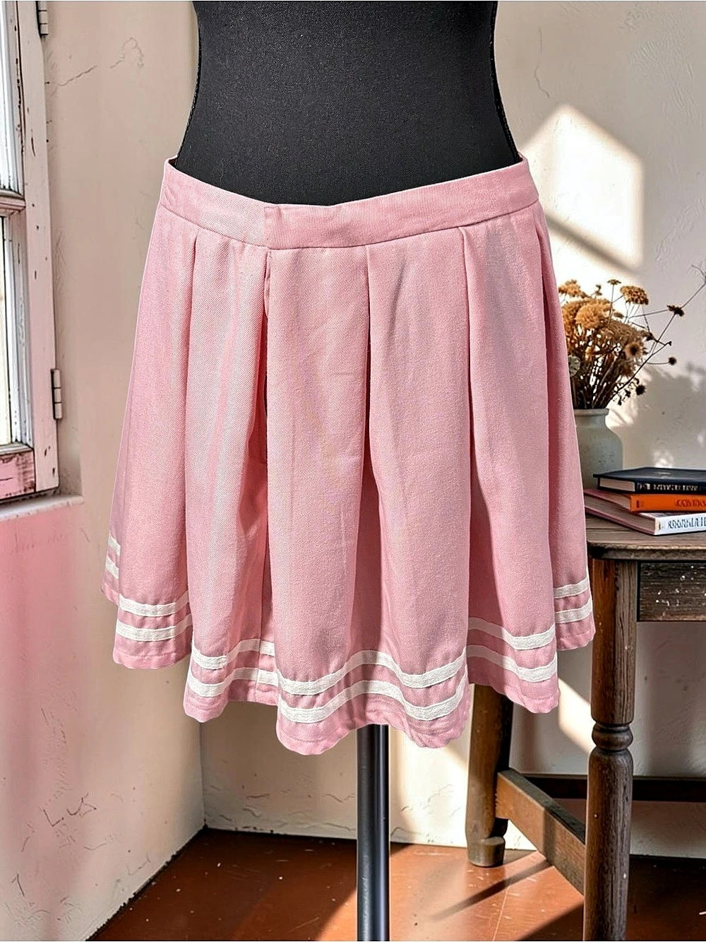 Hot Topic Pink Pleated Cheer Skirt Pink & White Skater Skirt Large